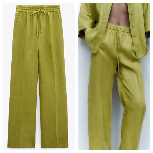 Zara 100% Linen Green Pants New - Picture 1 of 9
